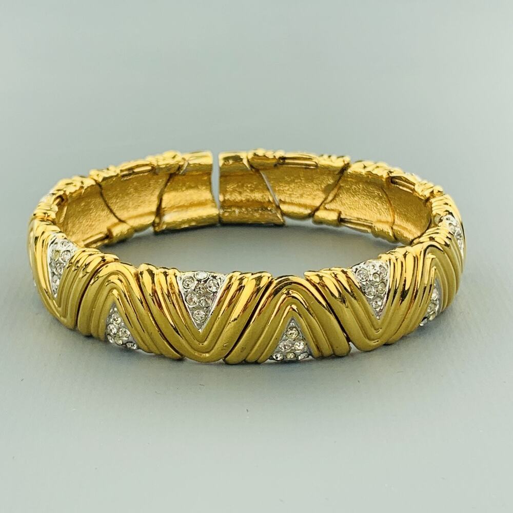 Vintage Gold Tone Metal Rhinestones Textured Open Cuff Bracelet